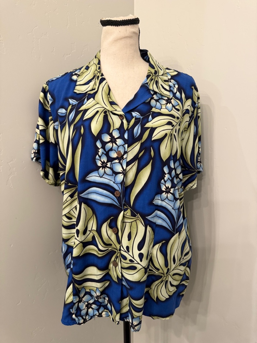 Vintage Bishop St Aloha Shirt Ladies Large Blue Tropical Floral Made In Hawaii